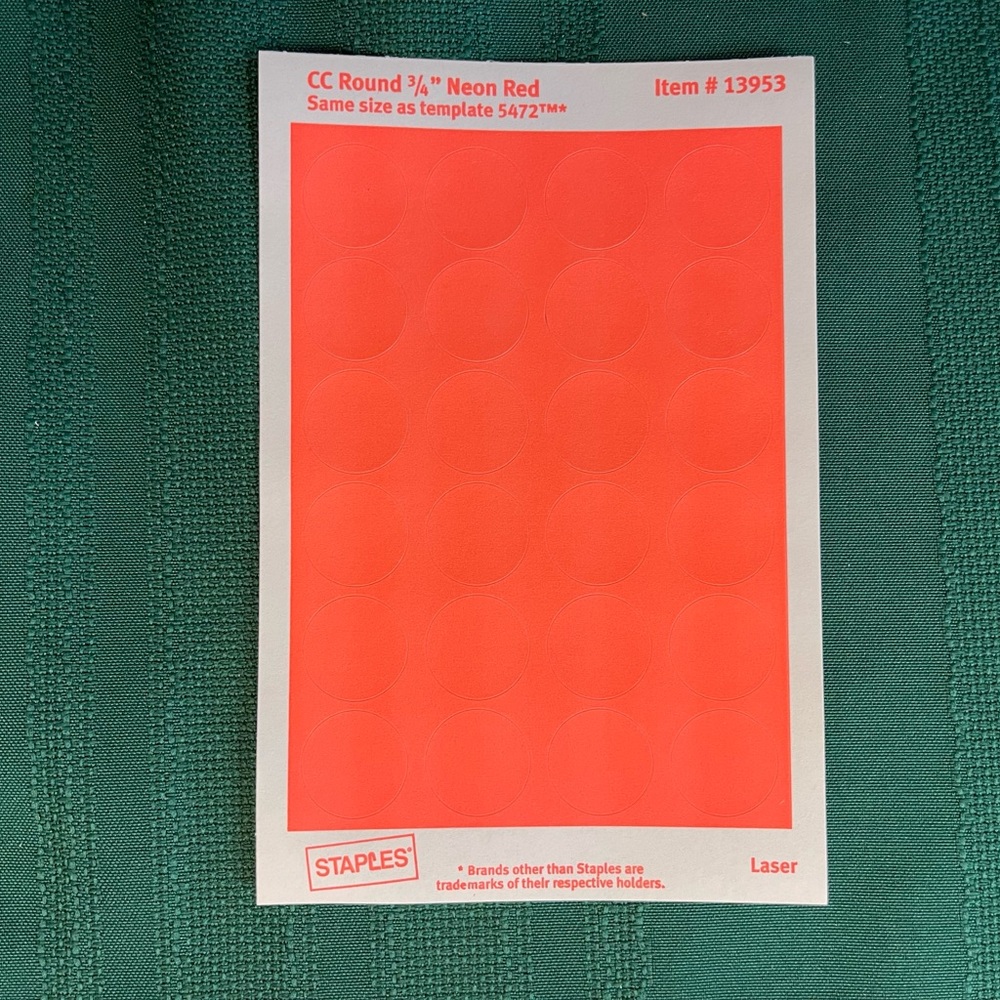 Staples Color Coding Labels (792). Laser Print or Write. Removable. Neon Red. - Picture 2 of 6